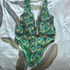 Vibrant Green and Blue One Piece with Ruffled V-Neck